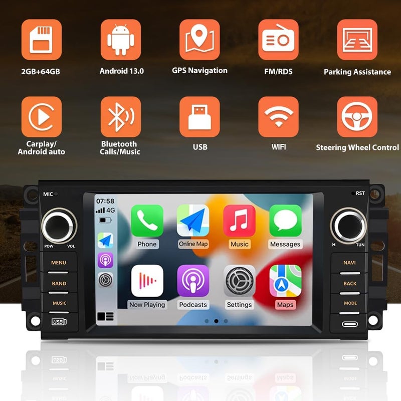 Pyniro Android 13 2GB+64GB Car Radio Stereo for Jeep Wrangler 2007-2018/for Dodge Ram 1500/2500/3500 with Wireless Carplay & Android Auto/Mirror Link/WiFi/FM/Rear Camera, Support SWC/Bluetooth - Image 2